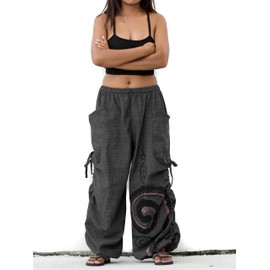 Thaluta Women's Harem Cotton Pants Loose Fit Yoga Spiral Print Pants with Pockets (Ash Black)