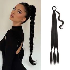 26 Inch Black Long Braided Ponytail Extension with Hair Tie Fluffy Wrap Around DIY Hairpiece, Heat Resistant Synthetic, Natural Soft & Lightweight for Weddings, Parties, and Festivals