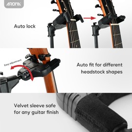 AROMA Universal Portable Guitar Stand with Auto-Lock Neck Holder and One-Button Height Adjustment Solid Tripod Base for Single Bass, Acoustic, Electric, Classical Guitar or Ukulele