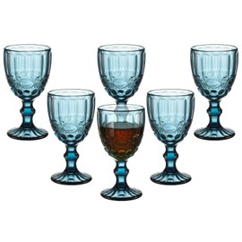 Vintage Wine Glasses Set of 6, 10 Ounces Colored Glass Water Goblets, Unique Embossed Pattern High Clear Stemmed Glassware Wedding Party Bar Drinking Cups Floral Blue