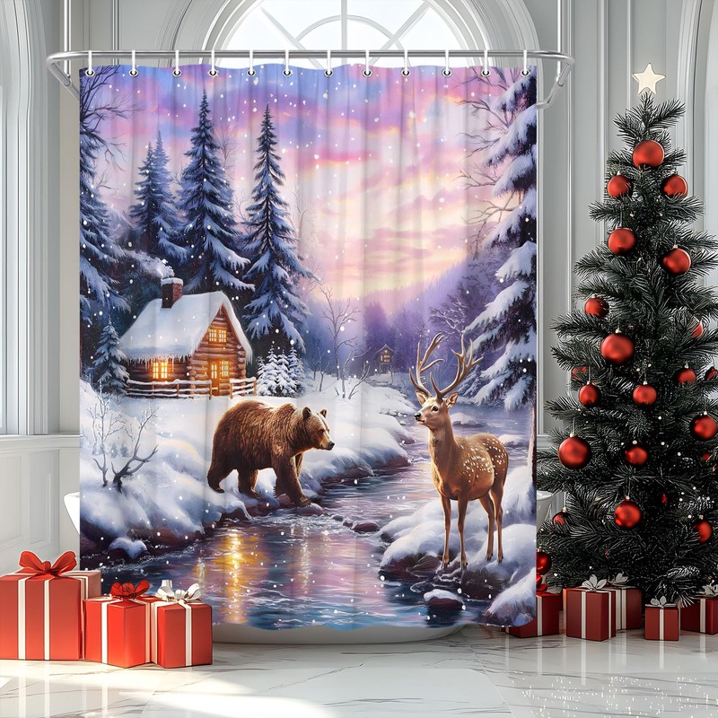 Winter Forest Animal Shower Curtain Deer Bear Merry Christmas Snow