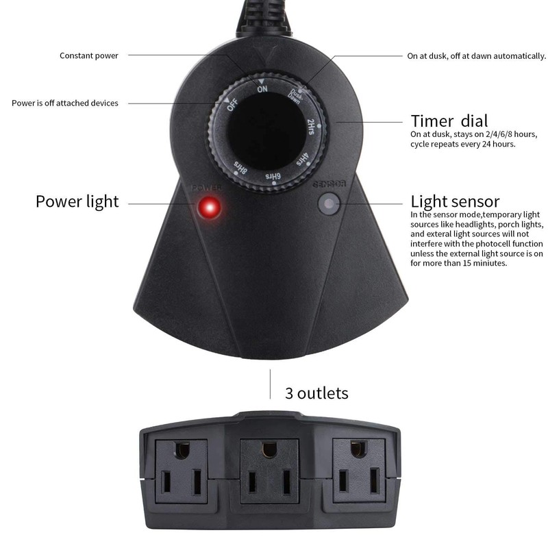Outdoor Light Sensor Timer, 24 Hours Heavy Duty Waterproof Outlet