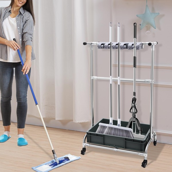 Stainless Steel Cleaning Tool Cart with Mop Holder, Broom Slots,