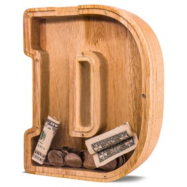 JOOMLAFLY Wooden Letter Piggy Bank for Kids 9"Clear Coin Bank with Stickers