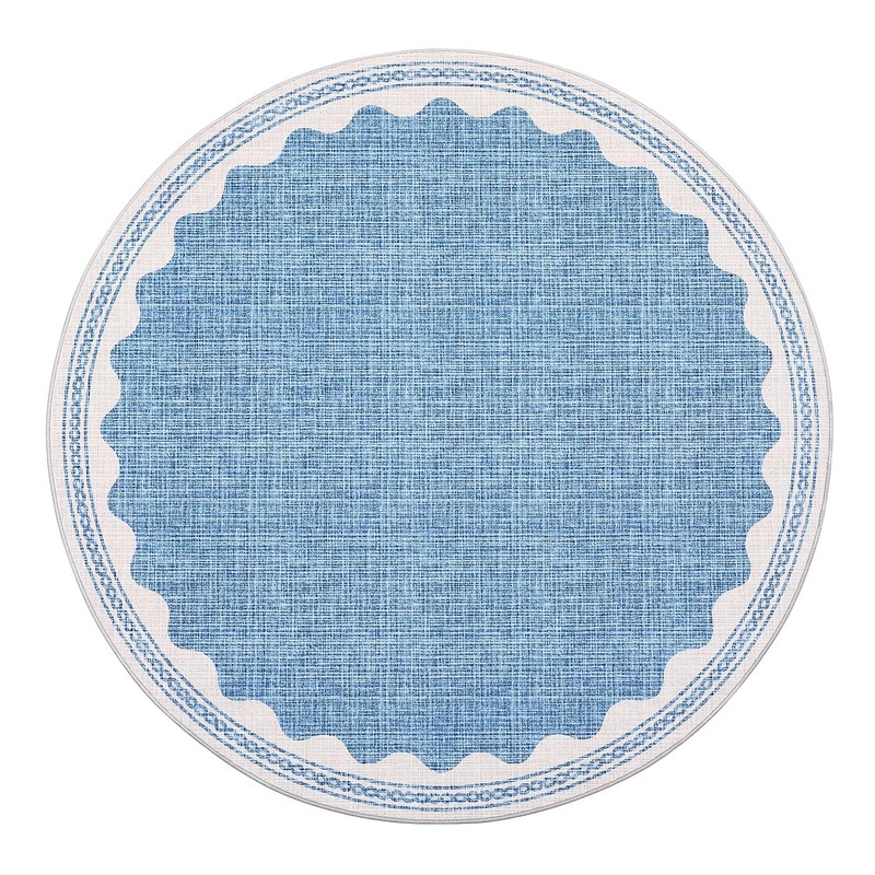 Scalloped Round Rug 6ft, Small Area Rugs Solid Blue Rug