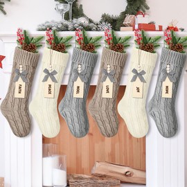 Zhanmai 6 Pack 18'' Khaki and Cream Cable Knit Boho Christmas Stockings Neutral Personalized Stockings with Wooden Name Tags Farmhouse Xmas Rustic Decorations for Family Holiday Decor (Classic Style)