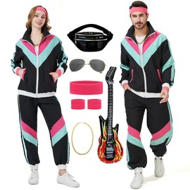 KUKIKUKI 80s Tracksuit Costume for Men Women Retro 90s Costume Outfit Disco Tracksuits Hip Hop Sports Suit Set, black