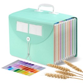 Document Folder A4 with 12 Compartments, ElitVita Wheat Straw Expanding Folder with Lid and Handle, Upright Sorting Folder A4 BPA-Free File Folder Accordion, Folder Organiser with Coloured Tabs, Mint