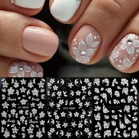 White Flower Nail Art Stickers Decals 3PCS Spring Flowers 5D Embossed Nail Decals White Flower Leaf Design Self-Adhesive Nail Art Supplies Manicure Sliders for Women Girls Summer Nail Art Decorations