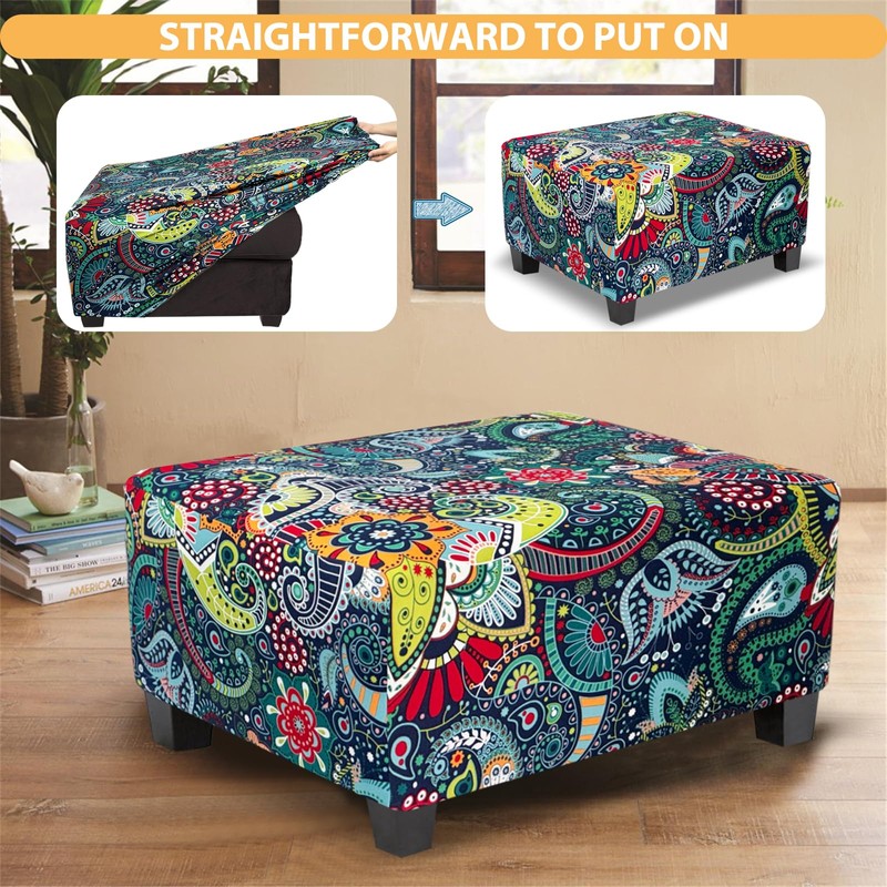 TOPHMDECOR Ottoman Cover Rectangle Printed,Stretch Footstool Slipcover with Elastic Bottom,Soft