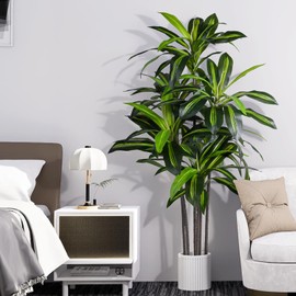 Artificial Dracaena Tree Indoor, 5FT Tall Faux Tree with Natural Wood Trunk and Lifelike Leaves, Tall Artificial Plants Indoor, Fake Plants for Home, Office, Living Room Decor