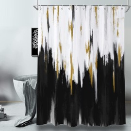 Caheansi Black and White Shower Curtain, Black White Gold Brush Strokes Graffiti Oil Painting Modern Art Abstract Bathroom Curtain Waterproof Fabric Machine Washable with Hooks, 72" Wx72 L
