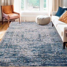CAROMIO 8x10 Area Rugs for Living Room, Machine Washable Non-Slip Ombre Vintage Distressed Accent Rug, Ultra-Thin Soft Large Area Rug for Bedroom Dining Room, Blue/Beige Multi