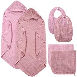Hahafelt 6 Pcs Muslin Hooded Bath Towels Washcloths and Bibs Set, Muslin Cotton Baby Towels Absorbent Hooded Blanket Towel Infant Bibs for Boys Girls Newborn Infant Essentials(Pink,Rose)