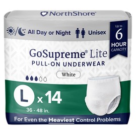 NorthShore GoSupreme Lite Incontinence Underwear, 6-Hour Pullup Style, Large, 14 Count Bag, White, 36-48 inches, Unisex Adult Diapers