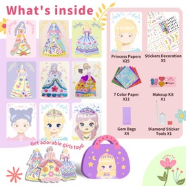 Makeup Fun Kit, Dress Up Game Set, Foil Fun Art Kit, Art Paper Craft for Kids, 4 in 1 Makeup DIY Fashion Design with Diamond Painting, Princess Dress up Sticker Books, Birthday Fashion Art Gifts 3+