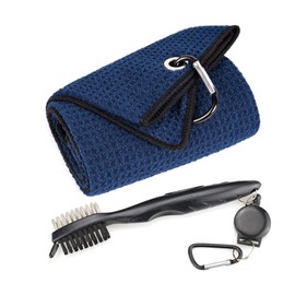 ELKPACE Golf Towel, Microfiber Golf Towels with Waffle Pattern Tri-fold Golf Accessories for Men | Golf Brush Tool kit | Golf Towels for Golf Bags with Clip | Navy Blue Golf Towel with Brush