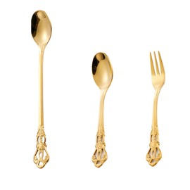 3-Piece Vintage Stainless Steel Spoon Set – European Floral Carved Ice Cream Spoon, Fruit Fork & Coffee Stirring – 410 Steel, Elegant Retro Cutlery Set