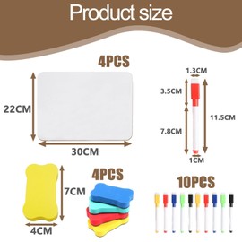 4 Pcs Small Whiteboard A4, Mini Whiteboard and Pen Portable Small Double-Sided Dry Erase White Board with 10 Pens and 4 Erasers for Classroom Home Office
