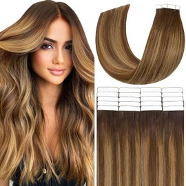 Anrosa Human Hair Tape in Extensions Ombre 24" Remy Human Hair Chocolate Brown to Strawberry blonde Highlights with Chocolate Brown Roots Invisible Seamless Skin Weft Tape in Natural Hair 20Pcs 50G