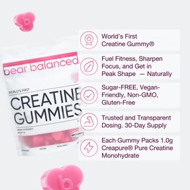 Bear Balanced Creatine Gummies for Men & Women - Creapure® Creatine Monohydrate, L-Theanine, L-Tyrosine & B12 for Muscle Growth, Strength, Focus, Energy & Health - Low Calorie, Sugar-Free, & Vegan