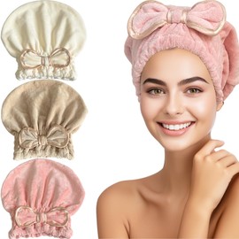 Jseng Microfiber Hair Towel Caps for Wet Hair with Cute Bowtie, 3Packs Fast Drying Hair Towel Caps for Long Curly Hair Women