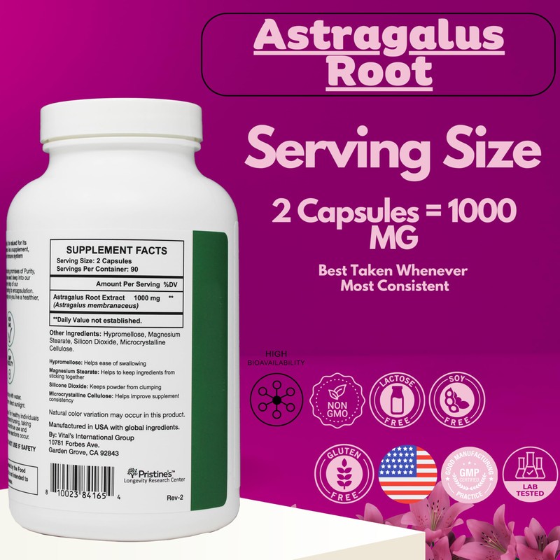 PRISTINE'S Astragalus Root Immune Support Supplement Capsules -1000mg 90 Day