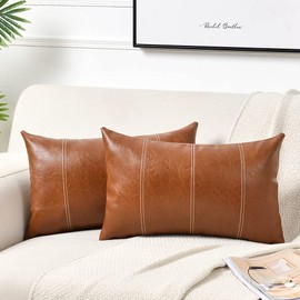 Fancy Homi 2 Packs Brown Boho Long Lumbar Faux Leather Decorative Throw Pillow Covers 12x24 Inch for Living Room Couch Bed, Hand Stitched Rectangle Cushion Case, Rustic Modern Farmhouse Home Decor