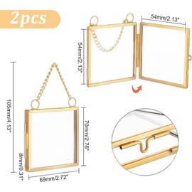 OLYCRAFT 2pcs Wall Hanging Mini Photo Frames 6x6cm Double Glass Picture Frame with Chain Folding Frame DIY Vintage Artwork Display Frames for Pressed Flowers Pictures Home Wall Decor