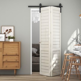 TSMST 3.5ft Bi-Folding Sliding Barn Door Hardware Track Kit for 2 Doors,Heavy Duty Sturdy Bifold Barn Door Hardware Kit,Easy to Assemble,Smoothly and Quietly,J Shape(No Door)