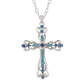 Alilang Womens Silver Tone Clear Crystal Rhinestones Celtic Cross Pendant Necklace, Light Blue