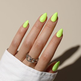 KQueenest Neon Green Press On Nails Short - Acrylic Press On Nails Almond, Sheer Bright Lime Green Fake Nails with Glue, Vibrant Opaque, Stiletto Reusable Soft Gel Glue on Nails for Women, 30 Pcs