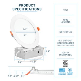 Parmida LED Technologies (12 Pack 6 Inch Ultra-Thin LED Recessed Ceiling Light with Junction Box, 12W, Dimmable Canless Wafer Slim Panel Downlight, IC Rated, ETL-Listed - 5000K