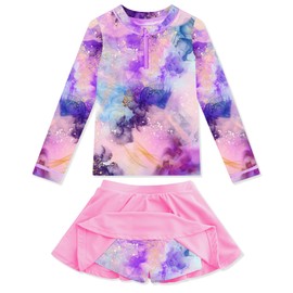 Meteorito Little Girls Rash Guard Two Pieces Swimsuits Bathing Suit Swimwear Long Sleeve Swimming Skirt with Shorts Size 3 4 Purple Pink