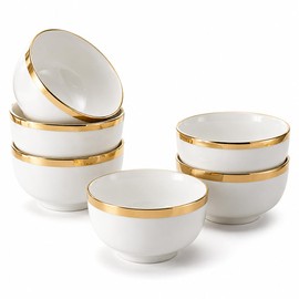 Loymokinar 20 oz Ceramic Bowls Set of 6 – Modern White Bowls with Gold Trim, Deep Soup & Cereal Bowls for Kitchen, Porcelain Pasta, Ramen, Salad, Oatmeal, Fruit Bowls – Dishwasher Safe