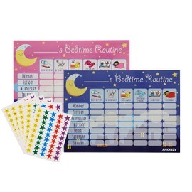 Amonev Bedtime Routine Chart Reward Chart for Sleep Training Twin Pack chart for Boys Girls toddlers and young children with 225 stars stickers included