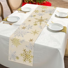 Bonhause Winter Snowflakes Table Runner 13x90 Inch Silver & Gold Christmas Winter Holiday Kitchen Dining Table Decoration for Indoor Outdoor Home Party Decor