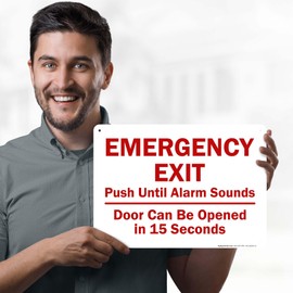 Emergency Exit Push Until Alarm Sounds Door Can Be Opened In 15 Seconds Sign, 10x14 Inches, Rust Free .040 Aluminum, Fade Resistant, Made in USA by My Sign Center