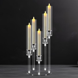5 Arm Acrylic Candelabra Centerpieces for Tables, Clear Candle Holder for Wedding,Home Decor,Table Decorations,22.8" Tall Candlestick Holders with Lampshade, Fits LED Candle