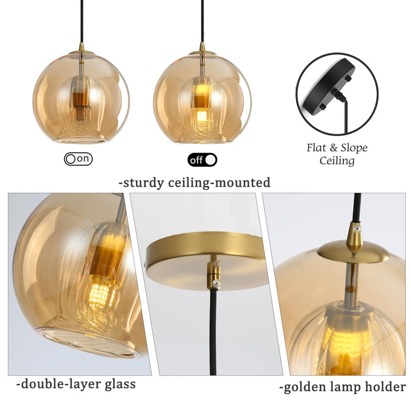 XIRYTU-H Modern Amber Glass Globe Pendant Light with Gold Socket,