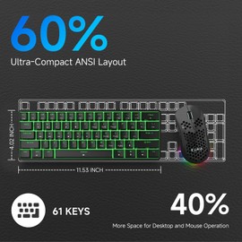 TMKB T61SE 60% Mechanical Gaming Keyboard, Linear Red Switch, LED Backlit, Double-Shot keycap, Anti-Ghosting, Detachable USB-C, Wired Computer Keyboard for Windows Laptop PC Gamer Typist, Black