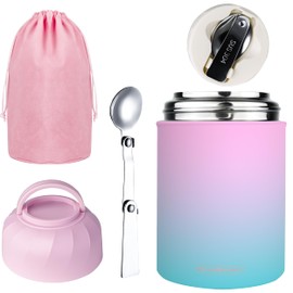 CocoMeiwei Soup Thermo for Hot Food & Drinks, Thermo Lunch Box for Kids, 17oz Vacuum Insulated Food Container with Spoon&&Drawstring Bag, Soup Therm for Adults, Pink&Green