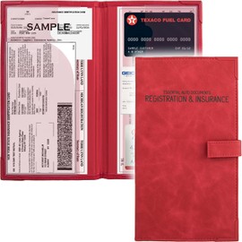 Auto Insurance and Registration Card Holder - Vehicle Glove Box Document Organizer - Car Essential Paperwork Holder for DMV, AAA, Contact Information Cards - Premium PU Leather Wallet Case - Red