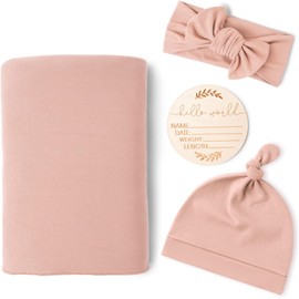 ZONEY Baby Girl Newborn Receiving Blanket with Matching Headband and Beanie Set Baby Swaddle Nursery Swaddle Wrap (Pink)