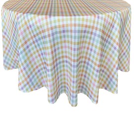 Newbridge Easter Sunshine Gingham 70 Inch Round Fabric Tablecloth, Indoor Outdoor Stain Resistant Fabric Party Table Cover for Dining, Yellow Orange and Purple Check