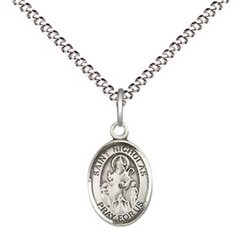 Women's Pewter Saint Nicholas Medal Pendant on 18 Inch Rhodium Plated Lite Curb Brass Chain with Lobster Claw Clasp, Catholic Religious Necklace - Made in USA- Velvet Gift Box