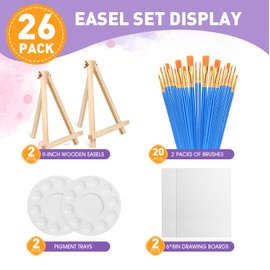 AROIC 26 PCS 9in Canvas and Easel Set, Painting Set Includes 2 Wood Easels,20 Brushes with Nylon Brush Head,2 Drawing Boardart and 2 Palette, Painting Supplies kitfor Kids & Adults to Painting Party