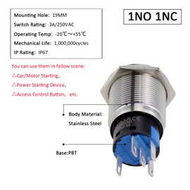 ZOYSEAY Horn Push Button Switch with Blue LED Backlit Symbol, 19mm (3/4") Momentary Stainless Steel 12V-24V Waterproof IP67 Power Switch for Car, Marine, Truck, Horn Replacement with Wire Socket Plug