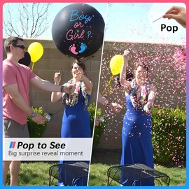 Gender Reveal Balloon Pop Ideas, 2pcs 36" Jumbo Black Baby Boy or Girl Balloons, with Blue Pink Confetti for Revelacion de Sexo de Bebe