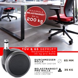 MYNEEED Office chair castors for hard floors, diameter 65 mm, durable hard floor castors, safety double castors, scratch-free and quiet chair castors, TÜV & GS tested, pin diameter: 11 mm